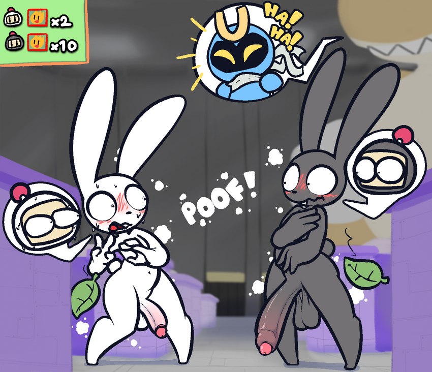 anthro balls big_balls big_penis blush duo embarrassed genitals huge_penis male nude penis thick_thighs transformation rabblet bomberman hudson_soft konami bakeron_(bomberman) black_bomberman magnet_bomber white_bomber bomberman_(species) lagomorph leporid mammal rabbit 2022 hi_res