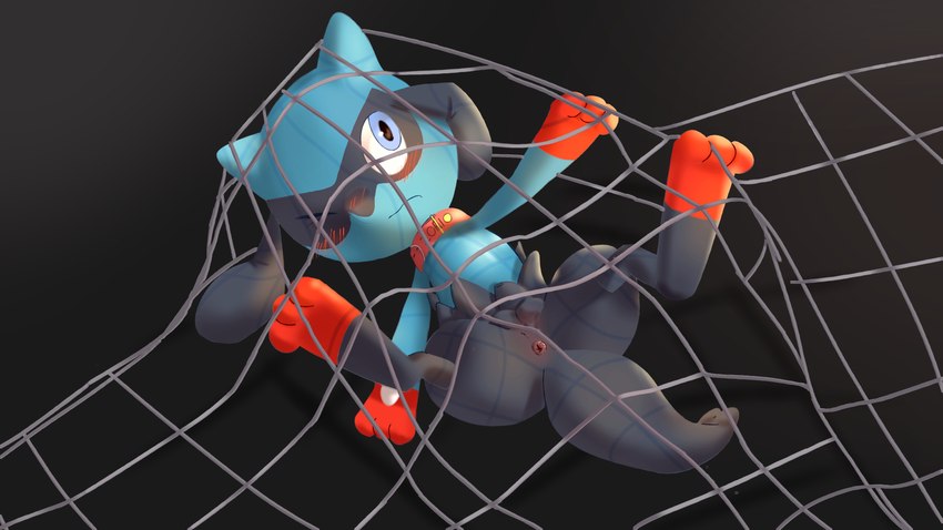 anthro anus blue_body blue_eyes blush blush_lines butt collar embarrassed eyes_closed fishing_net fusion genitals grey_body looking_up male net one_eye_closed penis pokemon_fusion solo tail trapped trapped_in_net young rioni nintendo pokemon fan_character generation_4_pokemon pokemon_(species) riolu 16:9 4k absurd_res hi_res shaded widescreen