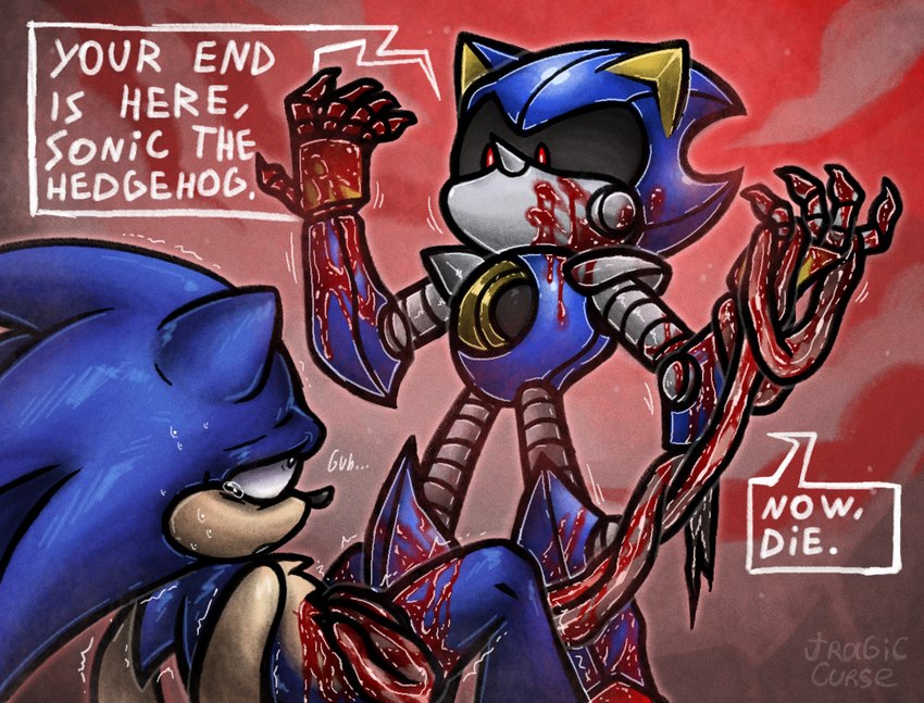 anthro blood blood_on_face blood_on_hand blood_splatter blue_body blue_fur bodily_fluids crying defeated_hero disembowelment duo dying fur gore gradient_background guts holding_guts male metallic_body organs side_view simple_background tears text threatening torture tragiccurse sega sonic_the_hedgehog_(series) metal_sonic sonic_the_hedgehog eulipotyphlan hedgehog mammal robot_anthro 2024 english_text