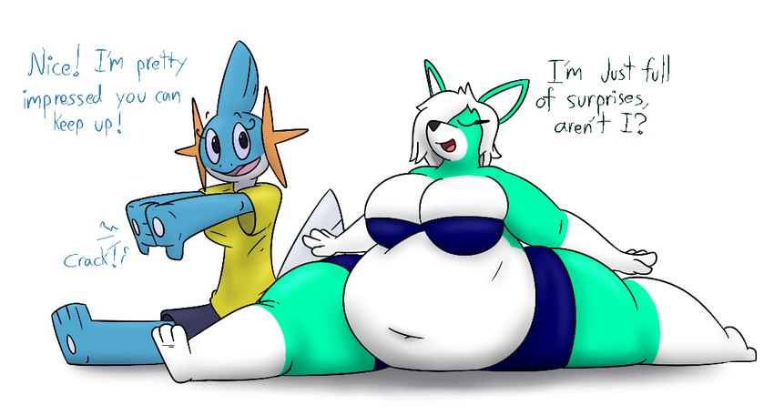 3_toes 4_fingers anthro anthrofied asking asking_another athletic athletic_anthro athletic_female barefoot belly big_belly big_breasts biped black_eyes black_nose black_text blue_body blue_bottomwear blue_bra blue_clothing blue_emanata blue_fin blue_shorts blue_skin blue_text blue_underwear bottomwear bra breasts cheek_gills cleavage clothed clothed_anthro clothed_female clothing color_coded_text compliment countershade_face countershade_neck countershade_skin countershade_torso countershading cracking cracking_knuckles deep_navel dialogue duo emanata exclamation_point exercise external_gills eyelashes eyes_closed feet female female_anthro fin fingers flexible front_view fur gills gloves_(marking) green_body green_ears green_fur hair hair_over_eye head_fin head_gills interjection leg_markings markings midriff navel non-mammal_breasts non-mammal_navel obese obese_anthro obese_female one_eye_obstructed open_mouth open_smile orange_gills overweight overweight_anthro overweight_female pawpads pink_tongue pokemorph red_mouth shirt shorts simple_background skimpy smile socks_(marking) speech_bubble splits spread_legs spreading straight_legs tail tail_fin talking_to_another text thick_thighs toes tongue topwear underwear white_background white_body white_countershading white_hair white_inner_ear white_markings yellow_clothing yellow_shirt yellow_topwear thatoneaceguy nintendo pokemon cynthia_(cyclone29) loray_(thatoneaceguy) amphibian canid canine fox generation_3_pokemon mammal mudkip pokemon_(species) 2021 aliasing colored digital_drawing_(artwork) digital_media_(artwork) english_text full-length_portrait portrait shaded