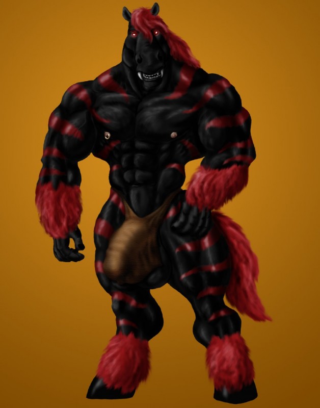 abs anthro athletic balls biceps big_balls big_muscles big_penis biped black_body black_fur bottomwear bulge clothed clothing detailed_bulge erection erection_under_clothing fangs feathering front_view fur genital_outline genitals glowing glowing_eyes gradient_background hair hooves humanoid_genitalia humanoid_penis loincloth looking_at_viewer male markings muscular muscular_anthro muscular_male nails nipple_piercing nipples orange_background pecs penis penis_outline piercing pose red_body red_eyes red_fur red_hair simple_background smile solo standing stripes teeth topless sudonym rekhit equid equine horse hybrid mammal hi_res