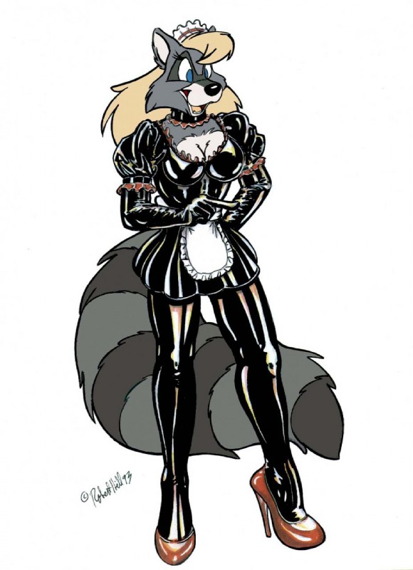 armwear breasts clothed clothing elbow_gloves female footwear gloves handwear high_heels latex legwear maid_uniform shoes solo thigh_highs tight_clothing uniform vawlkee mammal procyonid raccoon 1993 hi_res