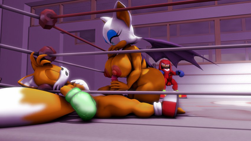 anthro balls big_breasts boxing_gloves breasts clothing erection female fighting_ring footwear genitals group handjob handwear male nipples penile penis sex shoes kabalmystic_(artist) sonicthebitch sega sonic_the_hedgehog_(series) knuckles_the_echidna miles_prower rouge_the_bat bat canid canine echidna fox mammal monotreme 16:9 3d_(artwork) absurd_res digital_media_(artwork) hi_res source_filmmaker_(artwork) widescreen