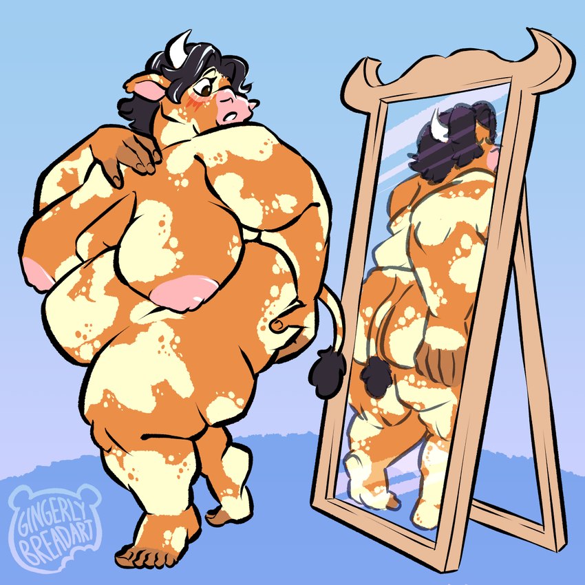 admiring_self anthro areola belly big_areola big_belly big_breasts big_butt blush breasts butt crossgender feet female fur hand_on_butt horn huge_breasts looking_at_reflection mirror mottled mottled_body mottled_fur nipples obese obese_anthro obese_female overweight overweight_anthro overweight_female reflection sagging_breasts simple_background solo tail thick_thighs gingerlybreadart bovid bovine cattle mammal 1:1 2025 hi_res