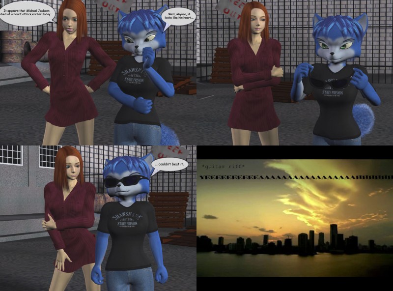 anthro blue_body blue_fur blue_hair city cityscape clothed clothing dialogue duo eyewear female fur hair humor pun shirt_logo sunglasses tail text white_body white_fur daymond42 csi:_miami nintendo star_fox krystal_(charleyfox) krystal_(star_fox) canid canine fox mammal 3d_(artwork) comic digital_media_(artwork) english_text hi_res