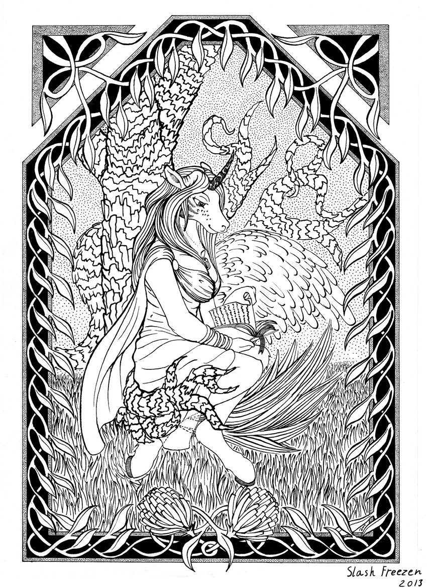 anthro art_nouveau book border feathered_wings feathers female horn ornate ornate_border reading wings slash_freezen mythology equid equine horse mammal mythological_creature mythological_equine unicorn absurd_res hi_res monochrome