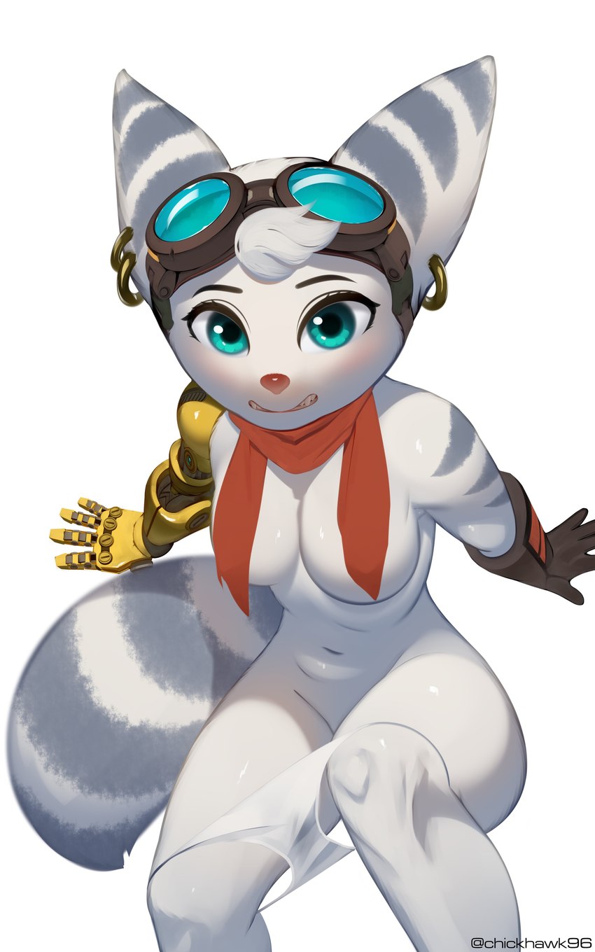 amputee anthro blue_eyes breasts clothing convenient_censorship disability ear_piercing ear_ring eyewear eyewear_on_head female fur gloves goggles goggles_on_head grey_body grey_fur handwear mechanical_arm mostly_nude navel nude piercing ring_piercing scarf scarf_only sitting smile solo stripes chickhawk96 ratchet_and_clank sony_corporation sony_interactive_entertainment rivet_(ratchet_and_clank) lombax mammal 5:8 absurd_res hi_res