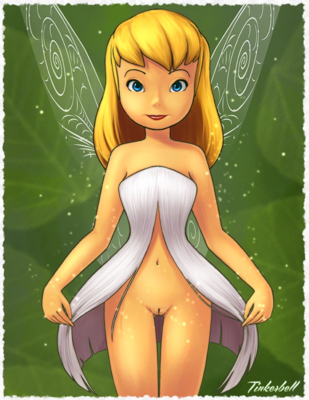 blonde_hair blue_eyes bottomless breasts clothed clothing clothing_lift dress dress_lift fairy_dust female genitals hair hair_down half-closed_eyes insect_wings inviting looking_at_viewer narrowed_eyes navel not_furry on_model open_dress presenting pussy short_hair smile solo standing wings joe_randel disney disney_fairies peter_pan tinker_bell_(disney) fairy humanoid hi_res young_(lore)