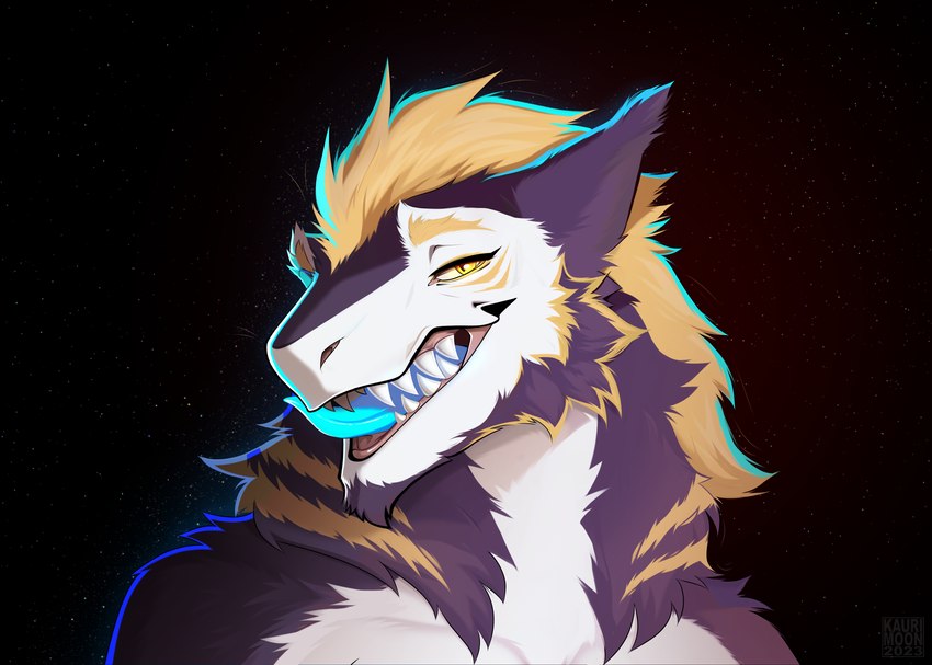 blue_tongue fluffy grin looking_at_viewer male open_mouth sharp_teeth smile solo teeth tongue tongue_out yellow_eyes kaurimoon sergal bust_portrait hi_res portrait