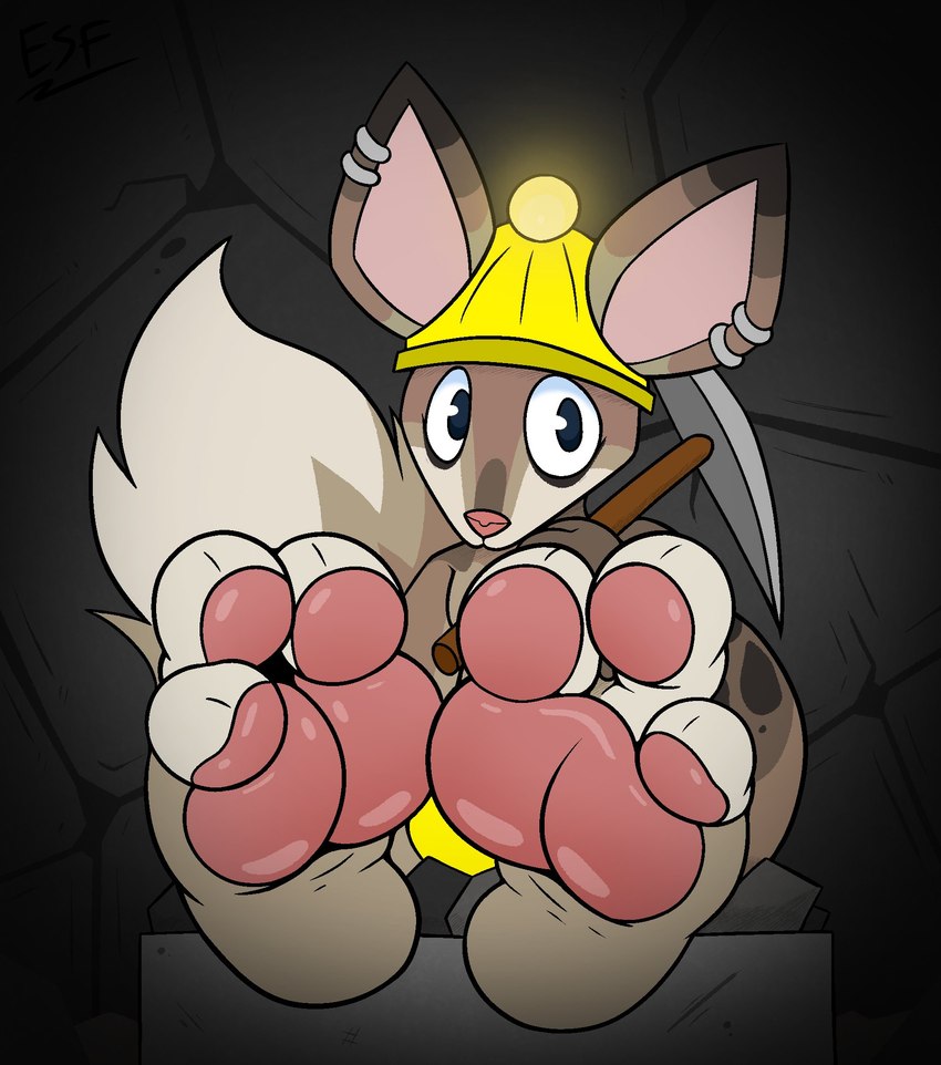 3_toes anthro armor brown_body brown_fur ear_piercing feet foot_focus fur grey_body grey_fur headgear helmet humanoid_feet male miner pawpads pickaxe piercing plantigrade sitting soles solo toes electricsnowfox mammal species_request hi_res