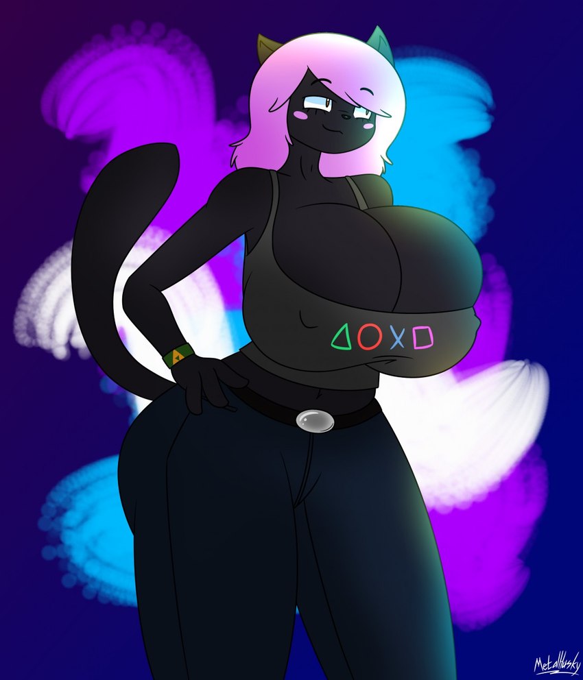 anthro belt big_breasts black_body black_fur blush bottomwear breasts clothing denim denim_bottomwear denim_clothing female fur hair huge_breasts jeans pants pink_hair smile solo spaghetti_top sweatband tail wide_hips xmetalhusky playstation sony_corporation sony_interactive_entertainment dalila_(xmetalhusky) felid feline mammal hi_res