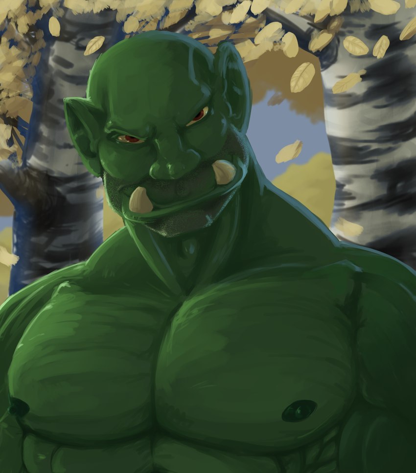 adam's_apple bedroom_eyes big_teeth birch_tree brown_eyes falling_leaves forest forest_background green_body green_nipples green_skin leaf looking_at_viewer male muscular narrowed_eyes nature nature_background nipples outside pecs plant seductive shirtless shirtless_male sky solo stubble teeth teeth_showing tree pandottermon orctober humanoid orc hi_res