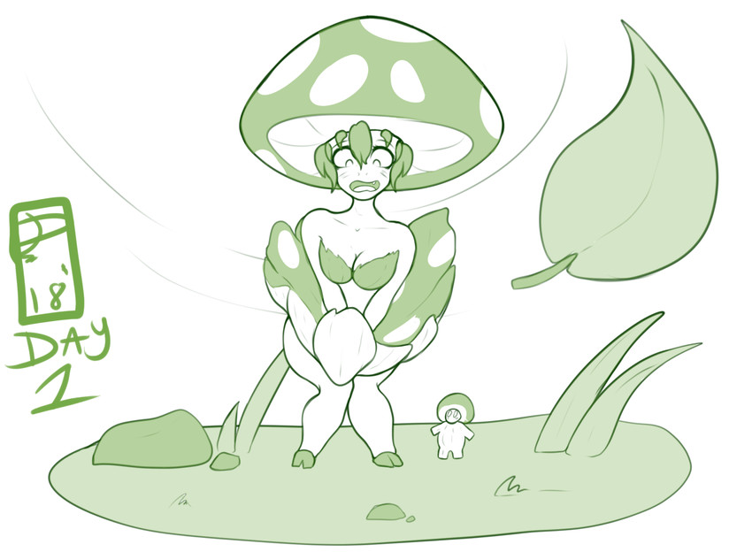 clothed clothing embarrassed female fungus micro monster_girl_(genre) mushroom not_furry poison upskirt apoetofthefall inktober humanoid monster green_and_white monochrome