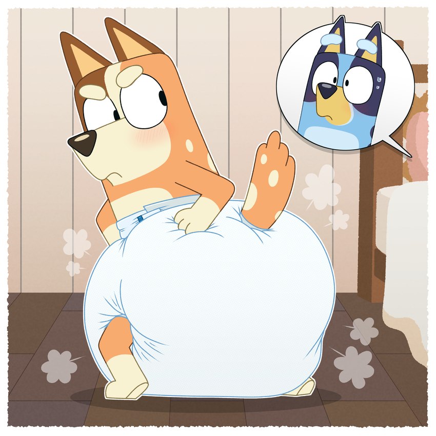 adult_focus anthro big_diaper blush bodily_fluids clean_diaper clothed clothing diaper diaper_only diaper_puff duo female fur looking_back tail topless wearing_diaper young young_anthro tenerius bluey_(series) bluey_heeler chilli_heeler australian_cattle_dog canid canine canis cattledog domestic_dog herding_dog mammal pastoral_dog 1:1 absurd_res hi_res