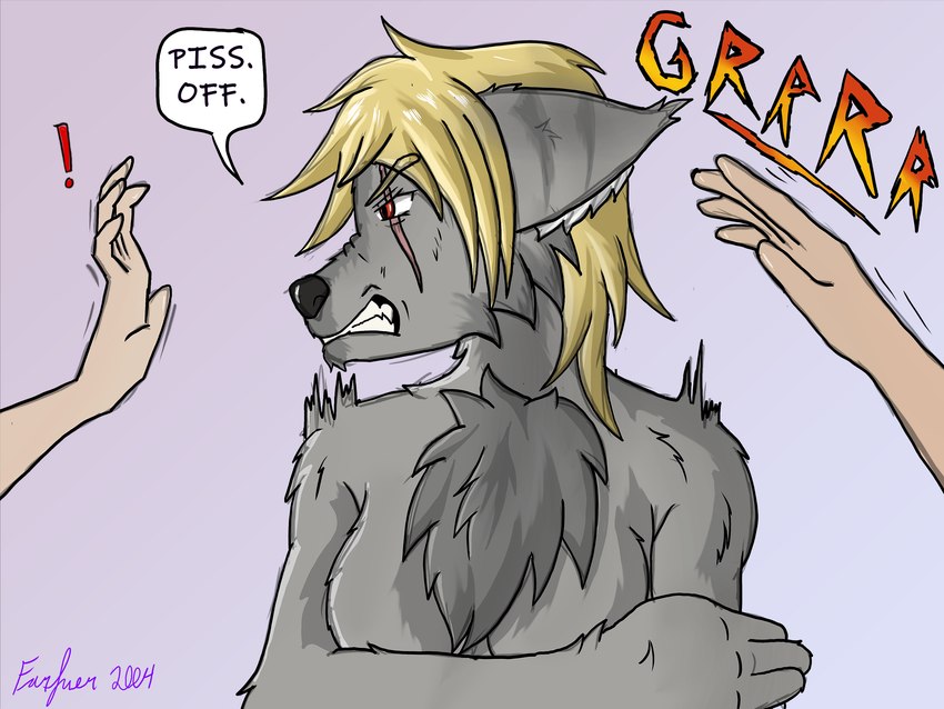 anthro blonde_hair breasts chest_tuft collar exclamation_point female fur grey_body grey_fur group growling hair petting predators red_eyes rune solo_focus text trio tuft farfener links the_auroran_archives chara_(links) shiyan_(links) canid canine canis coyote mammal wolf 4:3 colored hi_res