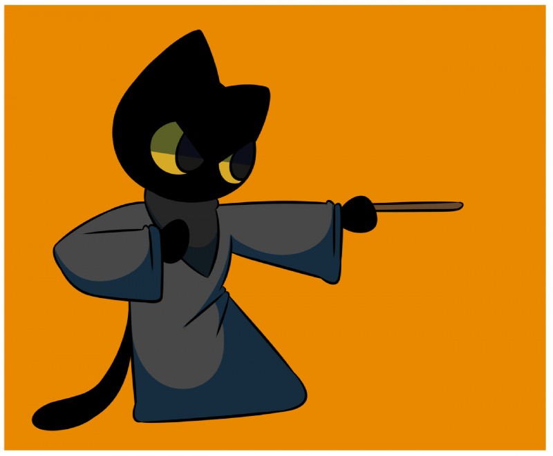 black_body black_fur border clothed clothing fur magic magic_wand orange_background robe simple_background solo white_border yellow_eyes rasmuslikestodraw google google_doodle magic_cat_academy momo_(google) felid mammal 2018