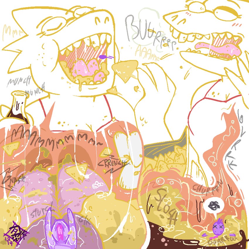 anthro burp_cloud burping chewing duo extreme_size_difference female food food_fetish food_play internal internal_oral male male/female mawplay mouth_shot open_mouth size_difference soft_vore tongue uvula vore gakuseigitsune undertale_(series) alphys dio_(scapegoat02) reptile scalie tuatara 1:1