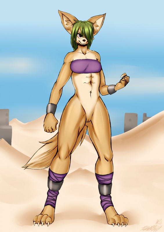 abs anthro athletic athletic_anthro athletic_female bottomless casual_exposure claws clothed clothing female fur genitals green_hair hair looking_at_viewer outside purple_eyes pussy smile solo toe_claws training_weights wraps alonwoof kurothefox bare_sands melanie_(alonwoof) canid canine fennec_fox fox mammal true_fox 2017 hi_res