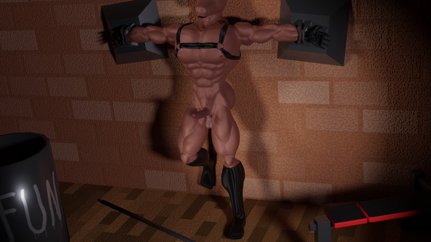 abs anthro balls barrel bdsm bench biceps big_muscles black_clothing black_footwear black_gloves black_handwear black_harness black_socks bondage bound brick_wall clothed clothing cuff_(restraint) faceless_character faceless_male facial_hair floor footwear genitals gloves goatee gym_equipment handcuffed handcuffs handwear harness male manly metal_cuffs muscular muscular_anthro muscular_male nipples partially_clothed pecs penis quads restraints socks solo wall_(structure) wall_bondage wood wood_floor mindorbody bovid bovine mammal 16:9 3d_(artwork) digital_media_(artwork) hi_res widescreen