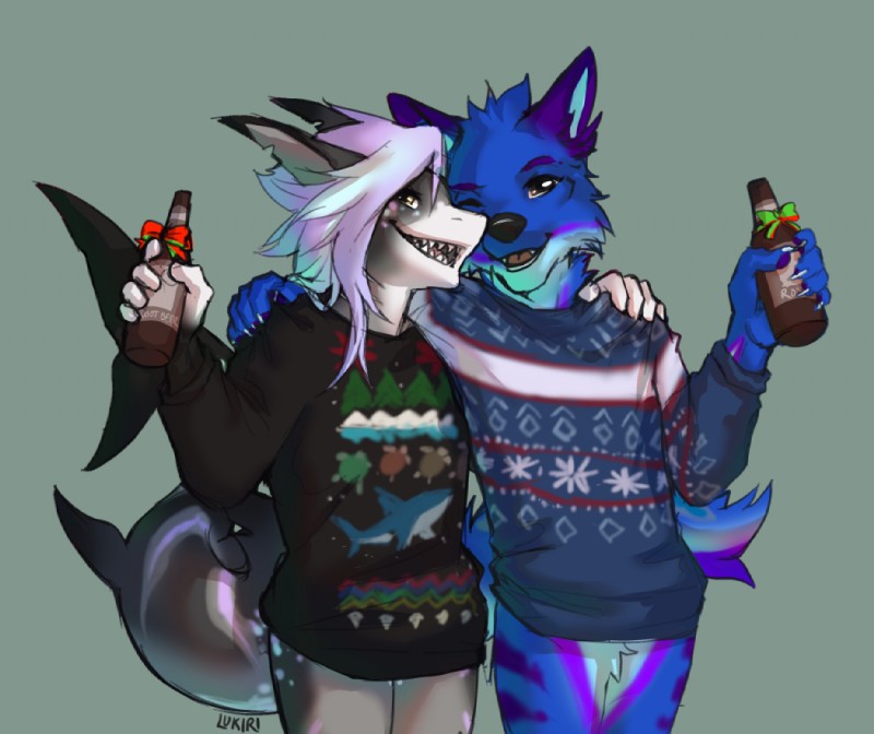 5_fingers black_nose blue_body blue_fur clothed clothing duo fingers fur hair open_mouth smile standing teeth tongue white_hair gonewiththefart canid canine fish fox mammal marine shark digital_media_(artwork)