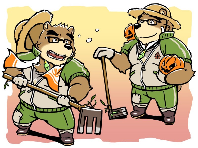 anthro clothed clothing eyewear farmer food fruit glasses hat headgear headwear hoe male plant pumpkin slightly_chubby solo straw_hat tools kajimaru_0507 lifewonders tokyo_afterschool_summoners volos_(tas) bear mammal 2017 4:3