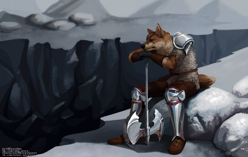 anthro armor axe battle_axe belt biped boots bracers brown_body brown_fur chainmail chasm clothing double_bitted_axe footwear fur greaves male melee_weapon outside rock shoes sitting solo text weapon kuroame canid canine mammal hi_res url