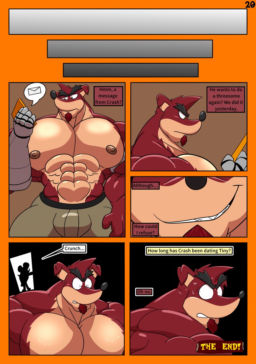 abs anthro big_pecs bottomwear bulge clothing cybernetic_arm cybernetic_limb cybernetics dialogue electronics machine male muscular muscular_anthro muscular_male nipples pants pants_only pecs phone talking_to_self text waistband slash876 activision crash_bandicoot_(series) coco_bandicoot crunch_bandicoot bandicoot mammal marsupial alternate_version_at_source comic end_page english_text hard_translated hi_res translated