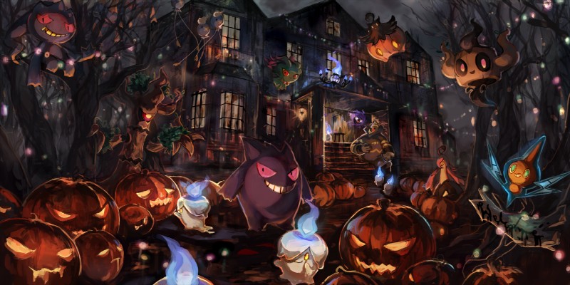 building detailed_background fire food fruit group holidays house lights outside plant pumpkin tree sakpi halloween nintendo pokemon banette chandelure drifloon dusknoir elemental_creature flora_fauna gastly generation_1_pokemon generation_2_pokemon generation_3_pokemon generation_4_pokemon generation_5_pokemon generation_6_pokemon gengar ghost gourgeist litwick misdreavus monster normal_rotom phantump pokemon_(species) pumpkaboo rotom spirit trevenant digital_media_(artwork)