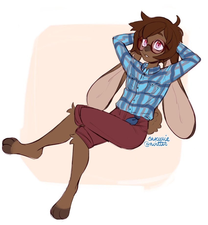 anthro barefoot bottomwear brown_body brown_fur brown_hair clothing eyewear feet fur glasses hair hand_behind_head looking_at_viewer lying male pink_eyes round_glasses shirt shorts simple_background solo topwear white_background indigo_cho lagomorph leporid mammal rabbit hi_res