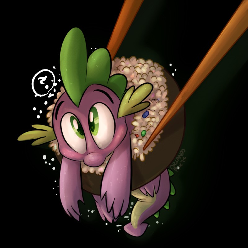 chopsticks feral food green_eyes in_food male micro on_food purple_body question_mark simple_background solo sushi tail transparent_background orlandofox cc-by-nc-nd creative_commons friendship_is_magic hasbro my_little_pony mythology spike_(mlp) dragon mythological_creature mythological_scalie scalie 1:1 2014 alpha_channel