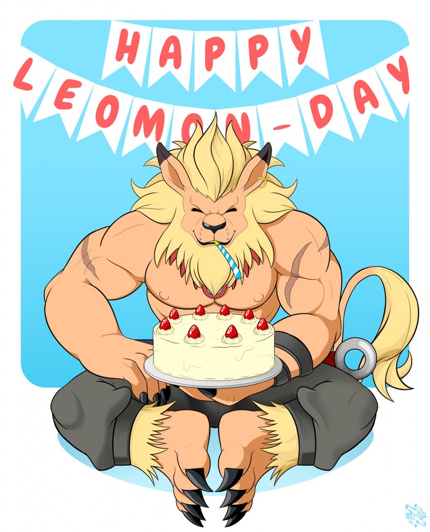 abs anthro cake dessert food male mane muscular muscular_anthro muscular_male nipples party_horn pecs shirtless solo kingxolotl bandai_namco digimon digimon_(species) felid leomon lion mammal pantherine hi_res