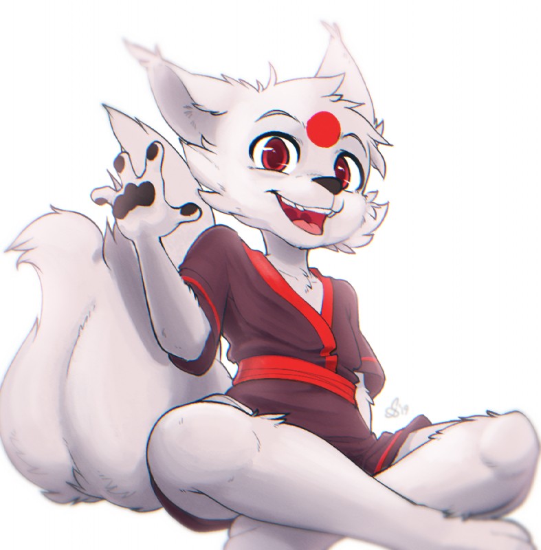 anthro clothed clothing fluffy fully_clothed fur gesture greeting happy male multi_tail open_mouth open_smile red_eyes simple_background sitting smile solo tail waving white_background white_body white_fur young alec8ter conditional_dnp onami canid canine fox mammal 2019 digital_media_(artwork)