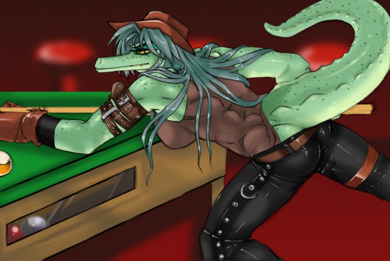 anthro armband ball billiard_ball billiard_table billiards bottomwear breasts brown_eyes butt clothed clothing cue_stick female fully_clothed furniture gloves green_body green_scales grey_hair hair handwear hat headgear headwear holding_object leather leather_bottomwear leather_clothing leather_pants long_hair muscular muscular_anthro muscular_female non-mammal_breasts pants raised_tail scales side_view solo table tail yellow_sclera darkpenguin ida_(darkpenguin) crocodile crocodilian reptile scalie