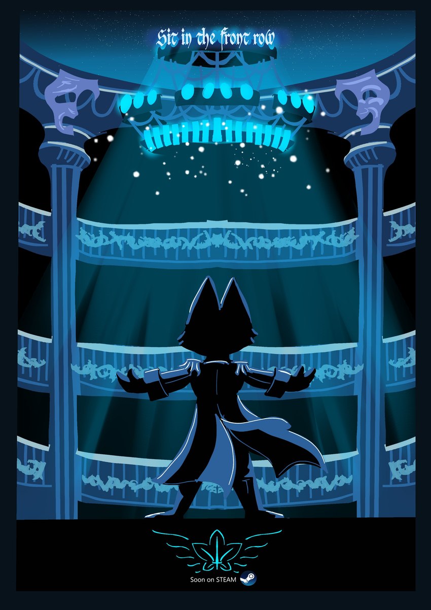 anthro blue_background clothing male mask poster poster_template simple_background solo sparkles steam text theater video_game_logo voldenuit_(fallen_lands) realta22 fallen_lands domestic_cat felid feline felis humanoid hybrid mammal absurd_res hi_res