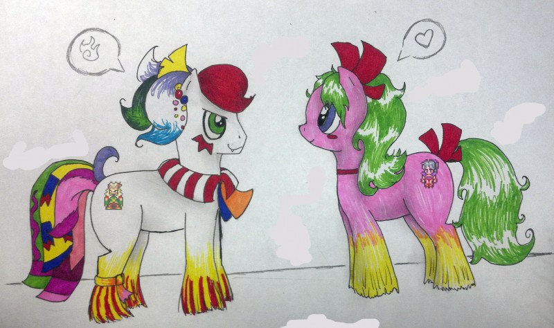 alternate_species clown duo female feral green_hair hair heart_symbol makeup male ponification quadruped tail unknown_artist final_fantasy final_fantasy_vi hasbro my_little_pony square_enix kefka_palazzo terra_branford equid equine horse mammal pony hi_res