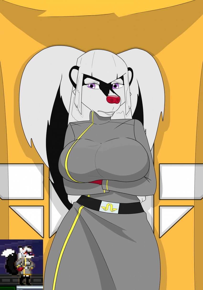 anthro big_breasts breasts clothing crossed_arms female hair insignia military military_uniform resting_bitch_face simple_background solo standing terrene_protectorate uniform skunkworth starbound mammal mephitid mephitidae skunk hi_res portrait three-quarter_portrait