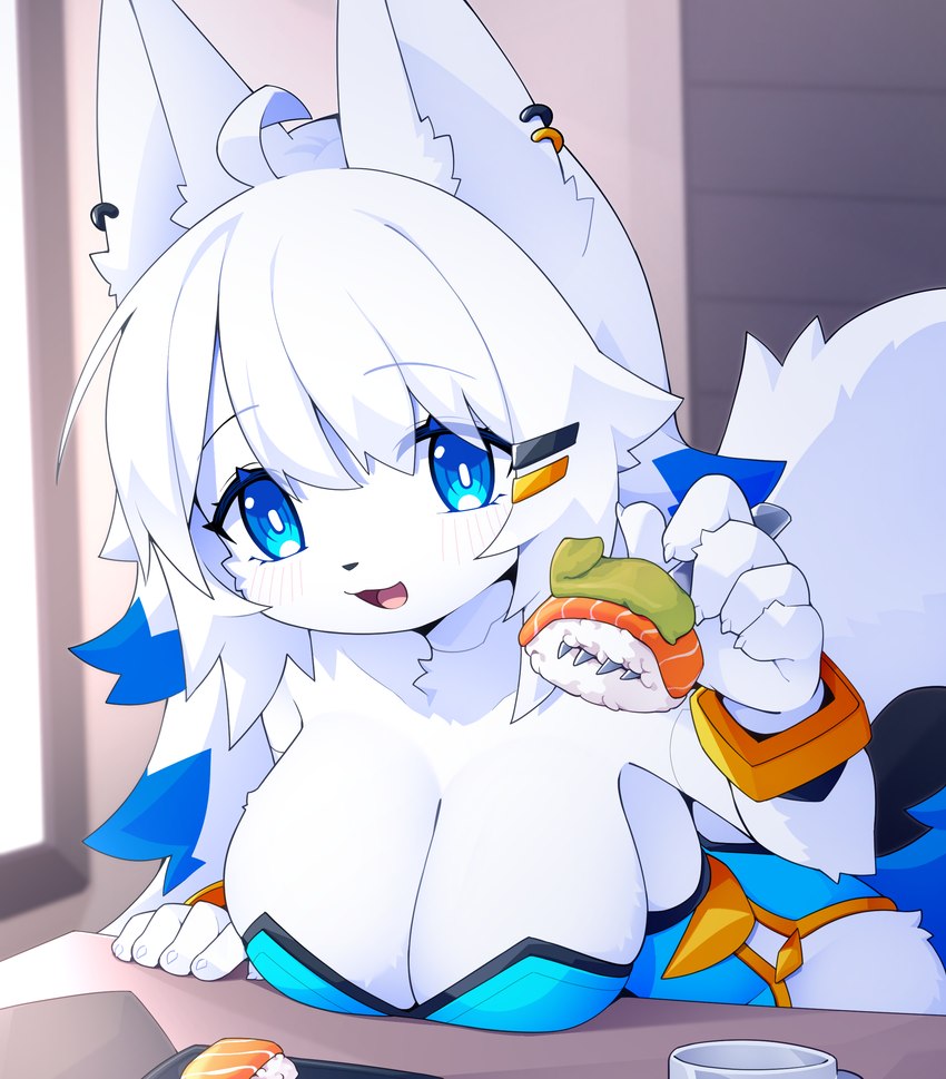 5_fingers ahoge anthro big_breasts blue_eyes blue_hair blush blush_lines breast_rest breasts claws cleavage clothed clothing cutlery ear_piercing ear_ring female female_anthro finger_claws fingers food fork fur hair holding_object kemono kitchen_utensils looking_at_viewer meat piercing rice ring_piercing solo sushi tail tools wasabi white_body white_fur white_hair devil-vox bella_(devil-vox) canid canine canis mammal wolf 2024 absurd_res digital_media_(artwork) hi_res