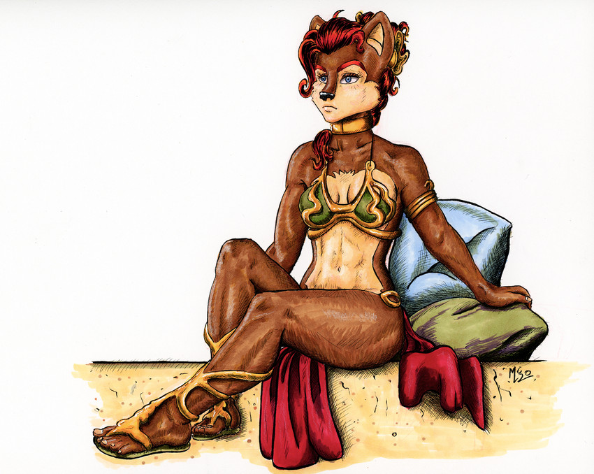 anthro athletic athletic_anthro athletic_female bikini bikini_top black_nose blue_eyes bottomwear breasts brown_body brown_fur clothed clothing collar costume female footwear fur gold_(metal) hair loincloth metal_bikini metal_bra navel pillow pose red_hair slave slave_leia_costume solo swimwear toned_calves toned_female toned_muscles toned_stomach topwear two-piece_swimsuit revy_lagoon archie_comics sega sonic_the_hedgehog_(archie) sonic_the_hedgehog_(comics) sonic_the_hedgehog_(series) star_wars jabba_the_hutt sally_acorn chipmunk ground_squirrel mammal rodent sciurid 2020 hi_res pinup