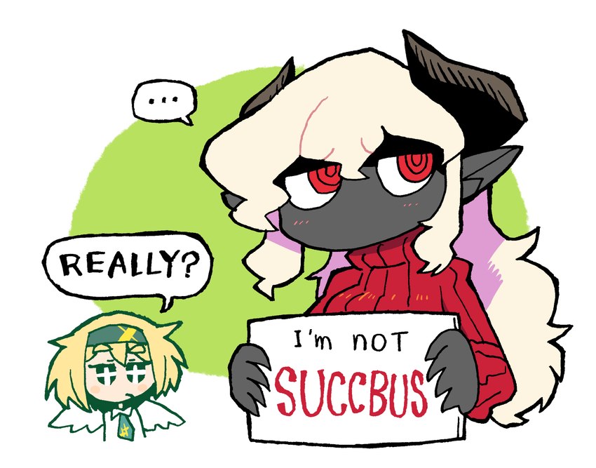 2_horns black_text blonde_eyebrows blonde_hair breasts clothing ellipsis eyebrows grey_body grey_ears grey_face hair holding_object holding_sign horn long_hair looking_away mouthless narrowed_eyes not_furry red_clothing red_eyes red_sweater red_text red_topwear red_turtleneck ringed_eyes sign simple_background speech_bubble sweater text topwear turtleneck white_hair wings rariatoo aldegon shamsiel_(rariatoo) angel demon demon_humanoid horned_humanoid humanoid 2021 digital_drawing_(artwork) digital_media_(artwork) hi_res