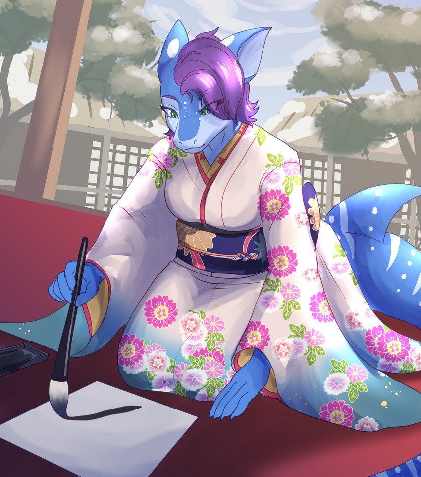 asian_clothing big_breasts big_tail blue_body blue_skin breasts calligraphy_brush clothing detailed_background east_asian_clothing female flower_kimono green_eyes hair japanese_clothing kimono looking_down purple_hair solo tail white_body white_skin ketzel99 rigel_(1stsavagery) carpet_shark fish marine shark whale_shark absurd_res hi_res