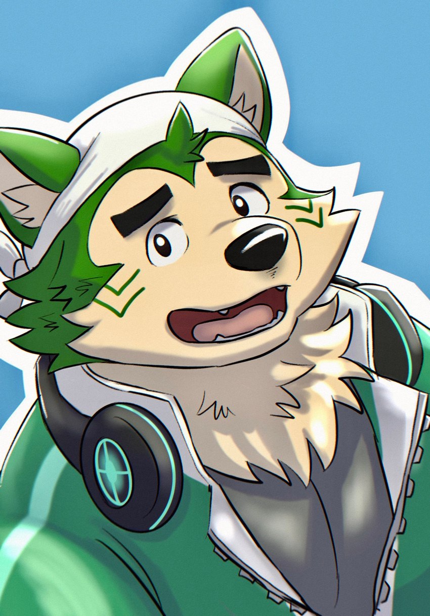 anthro electronics eyebrows fur green_body green_fur headphones headphones_around_neck kerchief looking_at_viewer male shy solo thick_eyebrows ksky21 lifewonders live_a_hero mokdai canid canine canis domestic_dog mammal hi_res