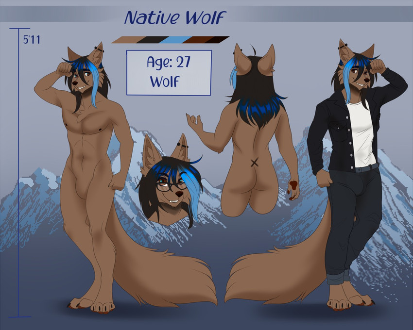 anthro black_nose brown_eyes butt clothed clothing color_swatch eyebrows eyelashes eyewear featureless_crotch glasses male nude smile solo aimi canid canine canis mammal wolf 2020 5:4 digital_media_(artwork) model_sheet