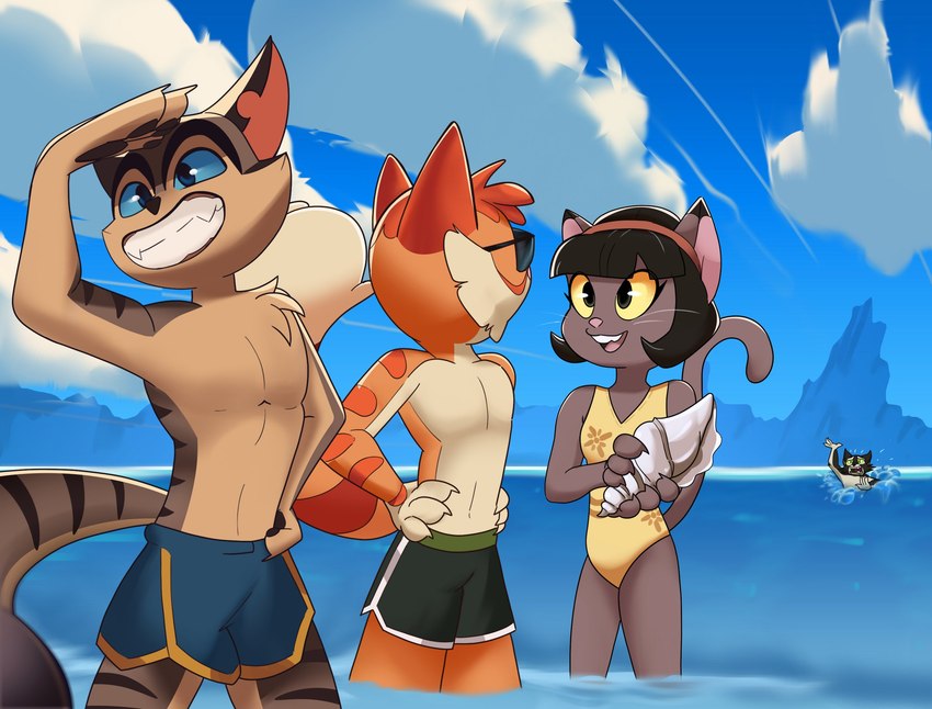 anthro black_body black_fur blue_eyes clothed clothing eyewear female fur green_eyes group male one-piece_swimsuit orange_body orange_fur partially_submerged sea seashell shell sunglasses swimming_trunks swimwear topless topless_male water whiskers yellow_sclera jaypinho lackadaisy calvin_mcmurray ivy_pepper mordecai_heller rocky_rickaby domestic_cat felid feline felis mammal hi_res