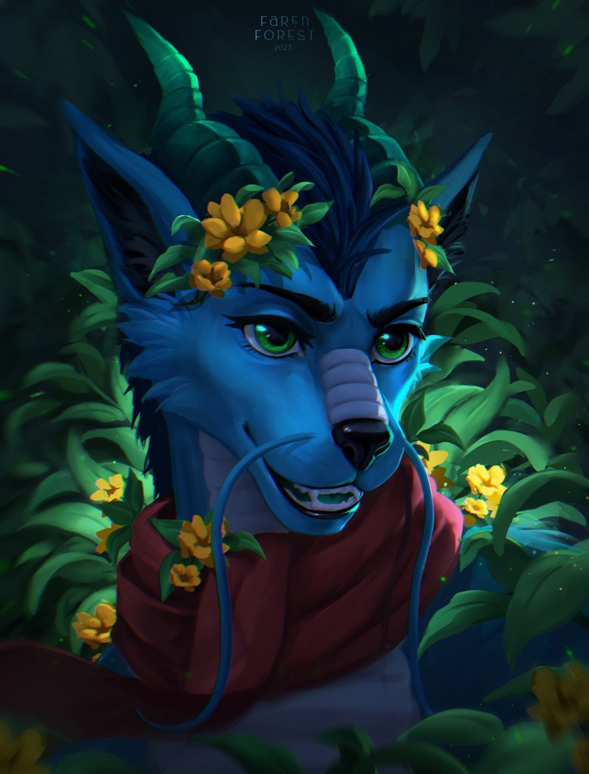 anthro barbel_(anatomy) blue_fure flesh_whiskers flower fur green_eyes horn leaf looking_aside open_mouth open_smile plant scarf sharp_teeth smile solo teeth farenforest mythology evildraak dragon eastern_dragon furred_dragon furred_scalie mythological_creature mythological_scalie scalie hi_res