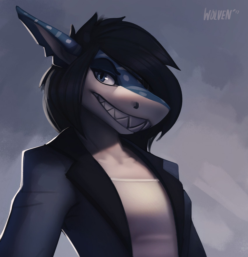 anthro biped black_hair blue_body blue_eyes clothed clothing countershade_face countershading female grin hair looking_at_viewer multicolored_body shark_teeth smile solo teeth text white_body itswolven fish marine shark 2017 english_text half-length_portrait hi_res portrait signature