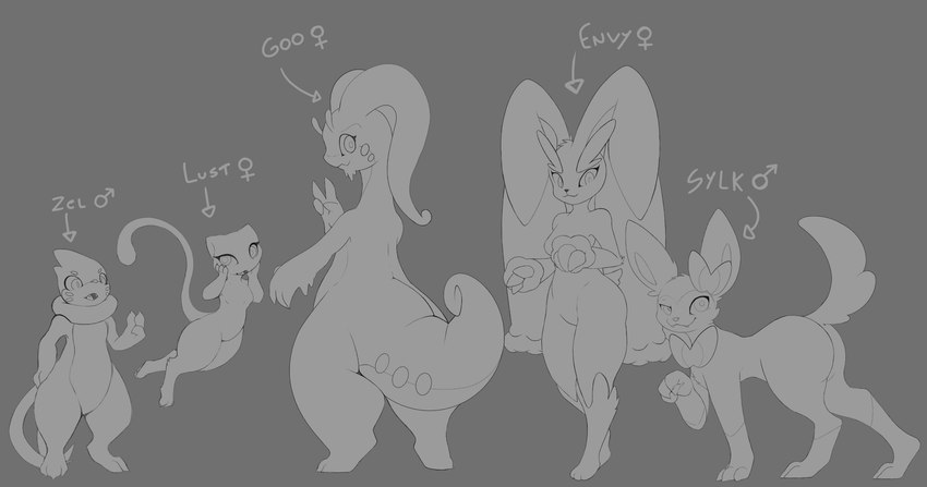 female group male tail knowdwagon nintendo pokemon buizel eeveelution generation_1_pokemon generation_4_pokemon generation_6_pokemon goodra legendary_pokemon lopunny mew_(pokemon) pokemon_(species) sylveon absurd_res hi_res monochrome