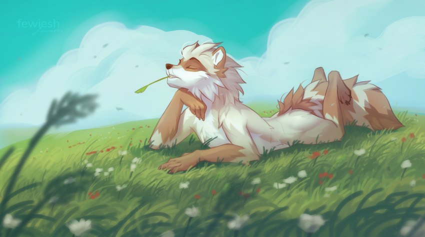 anthro brown_body brown_fur cloud day detailed_background eyes_closed flower fur gloves_(marking) grass lying male markings nude on_front outside plant relaxing sky solo white_body white_fur fewiesh mammal procyonid raccoon 2023 artist_name digital_media_(artwork) hi_res signature