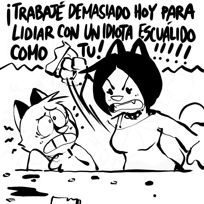 accessory anthro beverage broken_mug clothed clothing container cup duo female food hair liquid male mug short_hair spanish text creator_ant naiyah_(creator_ant) domestic_cat felid feline felis mammal 1:1 comic hi_res monochrome sketch spanish_text translated