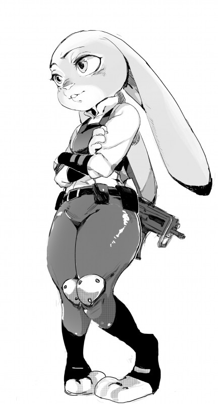 anthro breasts clothing crossed_arms female gun pigeon_toed ranged_weapon small_breasts smile solo thick_thighs uniform weapon hiranko disney zootopia judy_hopps lagomorph leporid mammal rabbit absurd_res hi_res monochrome