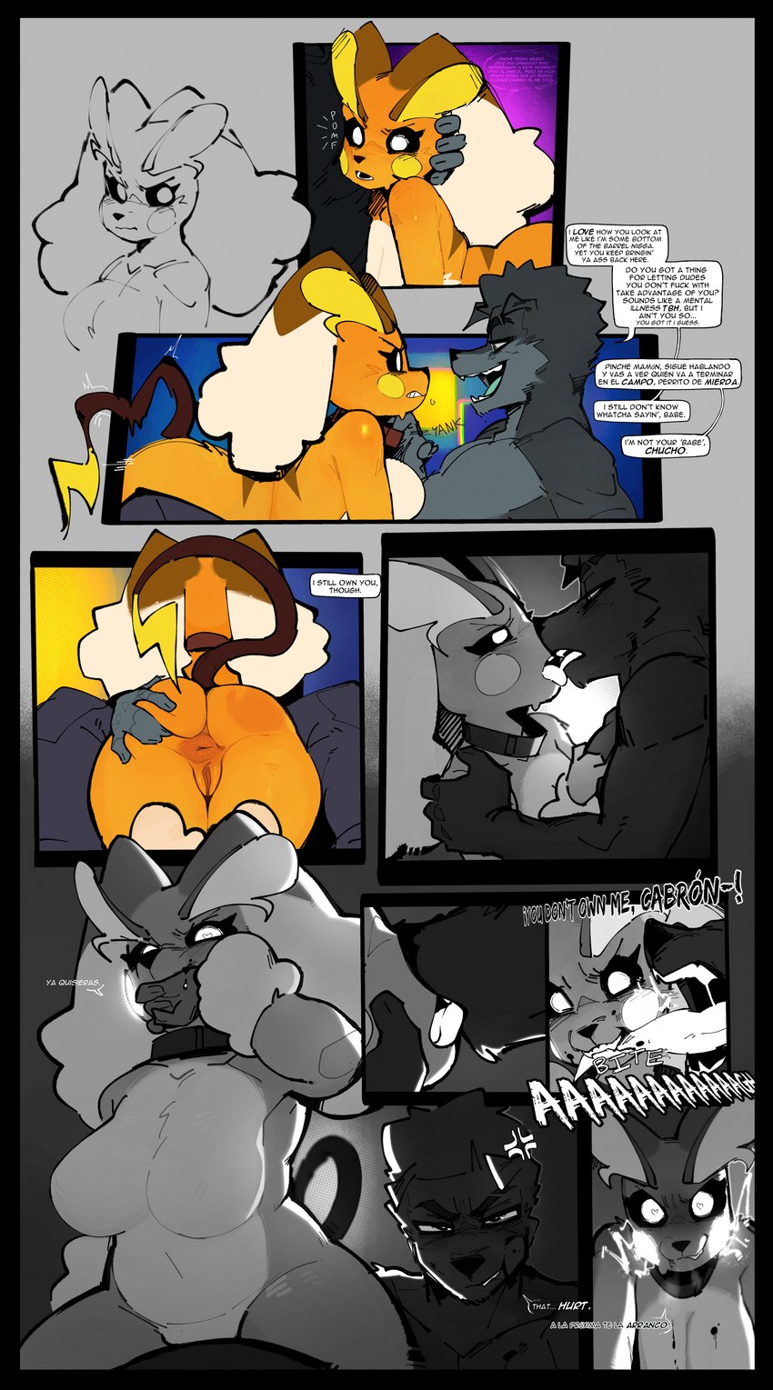 anthro anus big_butt bite biting_lip biting_own_lip blood blush bodily_fluids breasts butt butt_grab butt_slap butt_torture collar competitive_sex dominant dominant_female dominant_male duo eye_contact female floppy_ears genitals grey_body hand_on_butt hand_print hand_print_on_butt hand_print_on_leg hand_print_on_limb heart_eyes heart_symbol holding_partner kiss_on_lips kissing leg_torture limb_torture looking_at_another looking_at_viewer male male/female narrowed_eyes nude open_mouth orange_body profanity pussy raceplay racism self_bite simple_background slap smile spread_butt spreading teeth text goonie-san nintendo pokemon goon_(goonie_san) raipunny_(mope7) canid canine canis domestic_dog generation_1_pokemon generation_4_pokemon hybrid hybrid_pokemon lopunny mammal pokemon_(species) raichu absurd_res digital_media_(artwork) english_text hi_res huge_filesize spanish_text translated